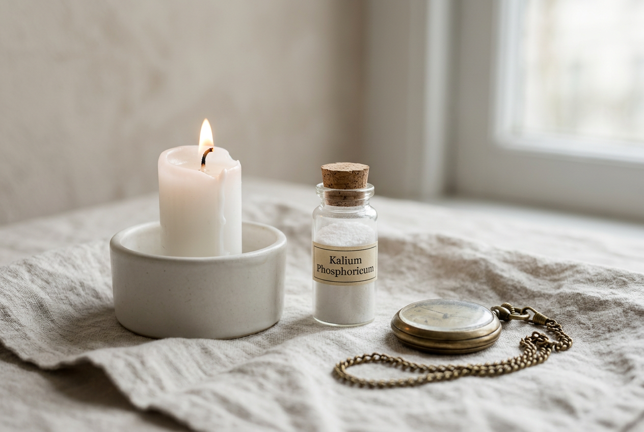 A low candle, pocket watch and Kalium Phosphoricum vial — nervous exhaustion without anatomy