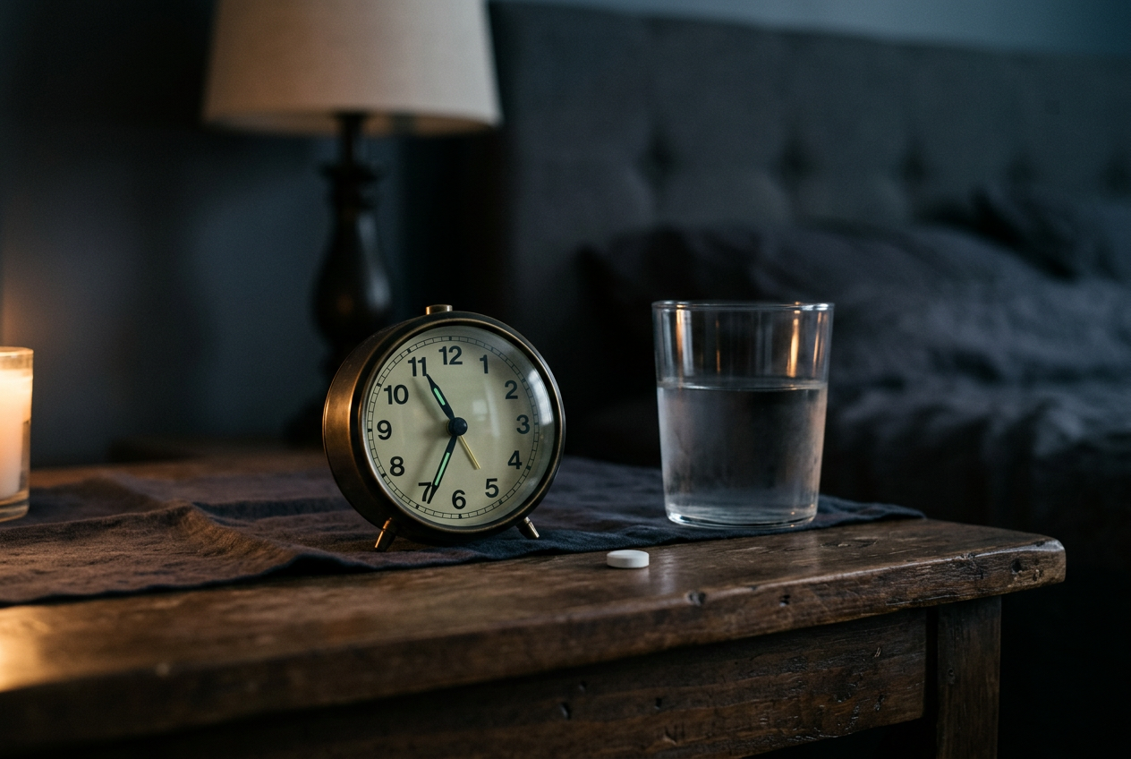 Nightstand alarm clock with a single tablet and glass of water — the nightly sleep-aid cycle