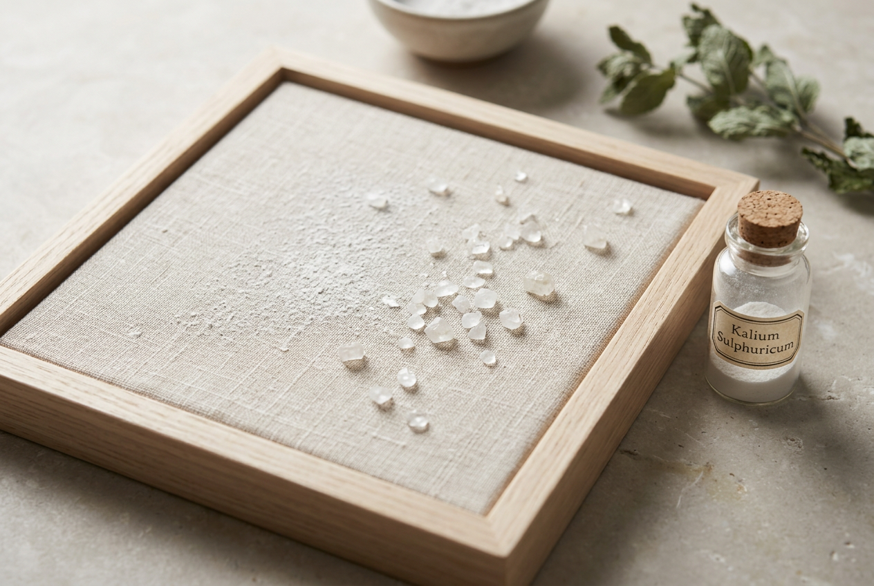 Pale linen, mineral powder and potassium sulphate crystals — the skin and later-stage inflammation