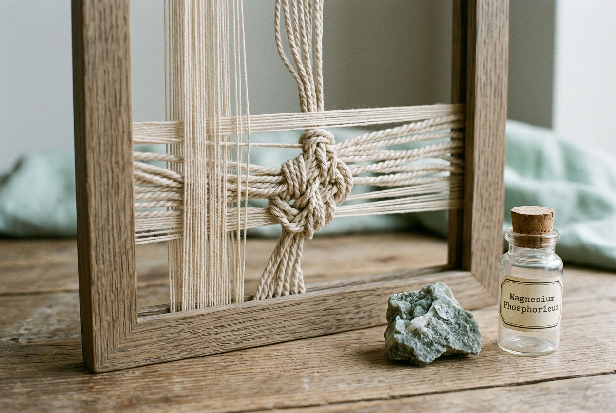 Interwoven cotton fibres and a mineral specimen — nerve and muscle without anatomy