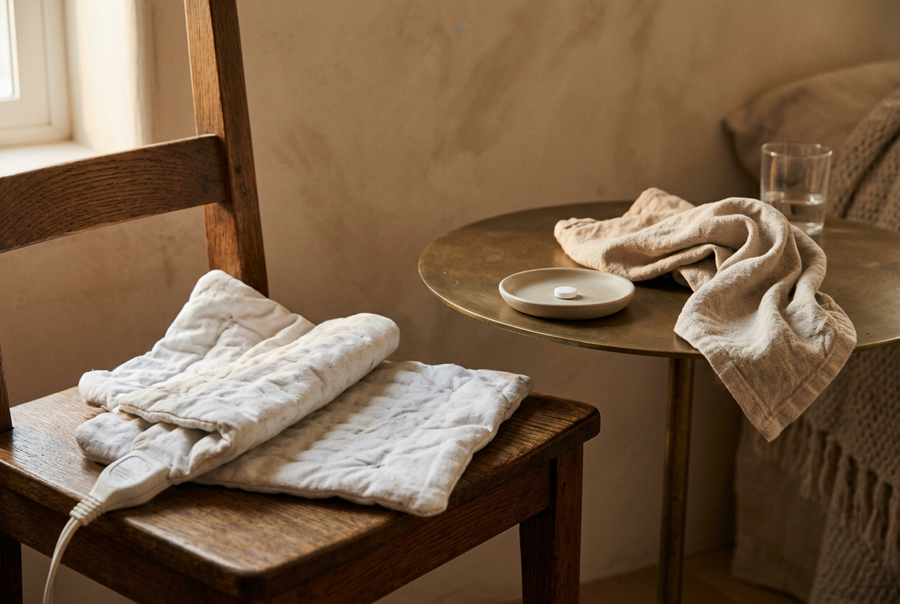 A folded heated blanket with water and tablets — warmth as the plateau of chronic pain care