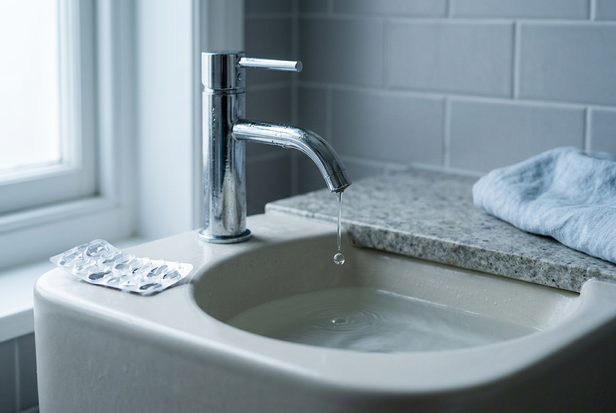 A chrome tap with a single dripping drop beside a blister pack — the decongestant plateau