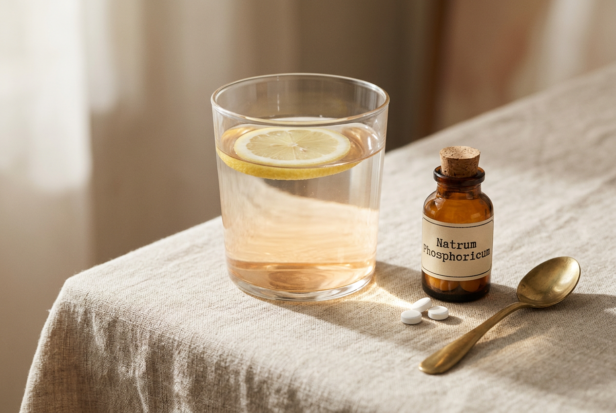 A glass of water with lemon beside the remedy vial — the acid stomach without anatomy