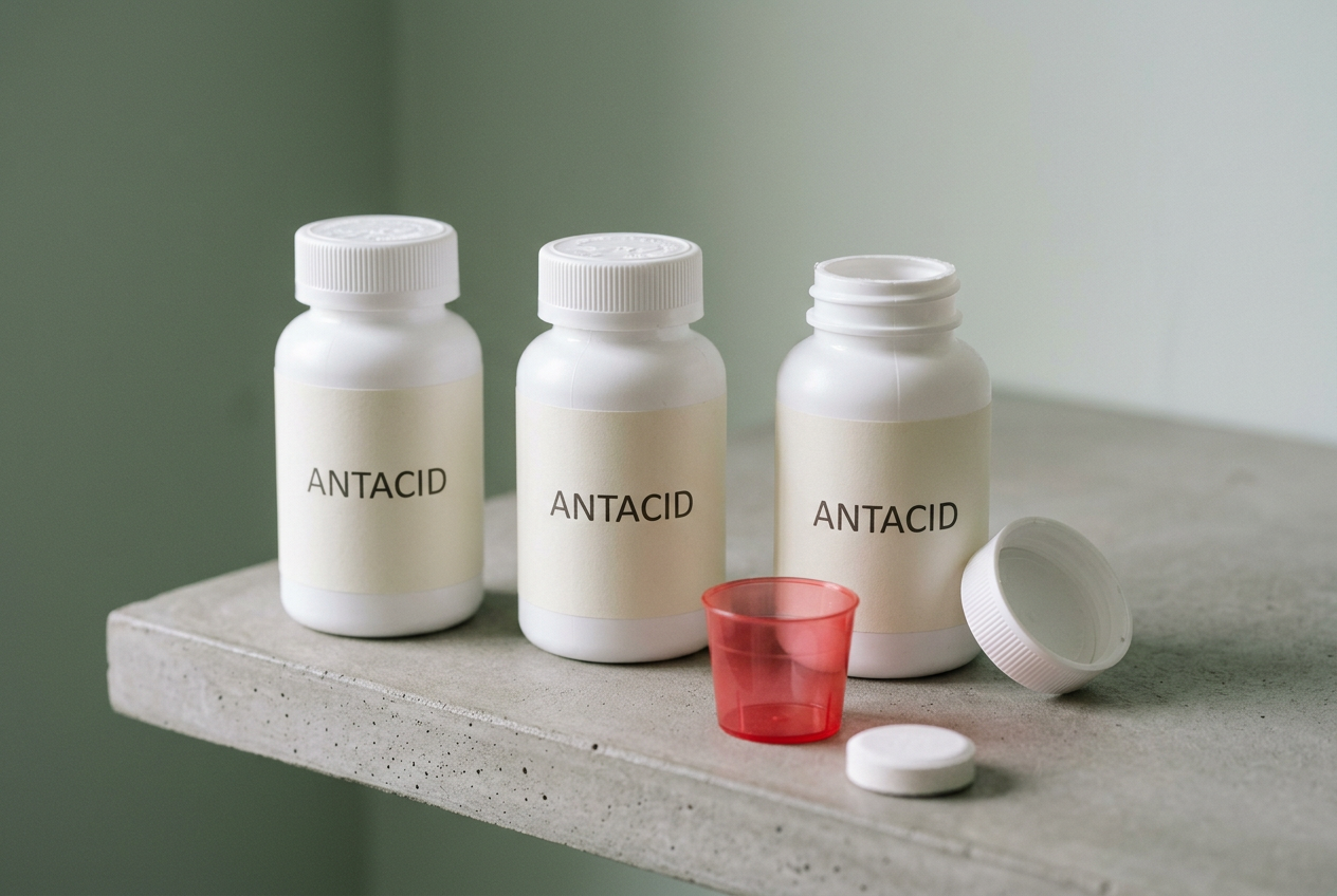 Three white antacid bottles on a shelf with a red dosing cup — the acid-suppression plateau