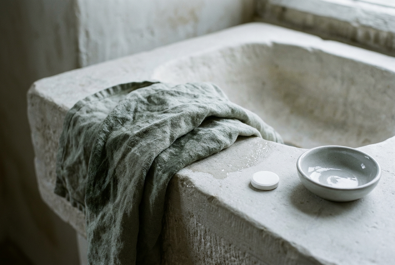 A waterlogged cloth on a stone basin — dampness and the water-retention plateau