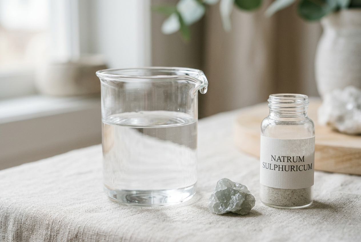 Laboratory glassware with clear water and a mineral specimen — water elimination and liver function without anatomy