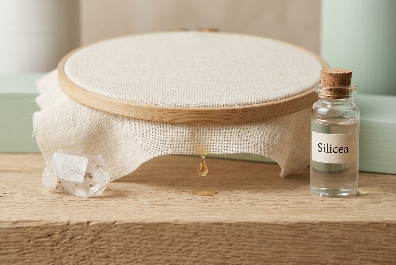 Linen stretched on an embroidery frame with a mineral specimen — connective tissue structure without anatomy
