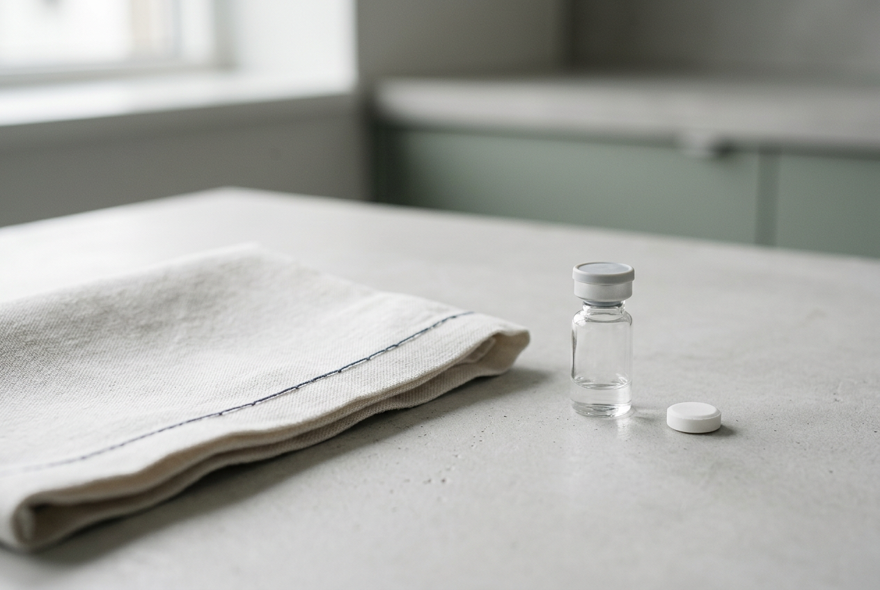 Folded pale linen with dark stitching — the repeated surgical cycle plateau